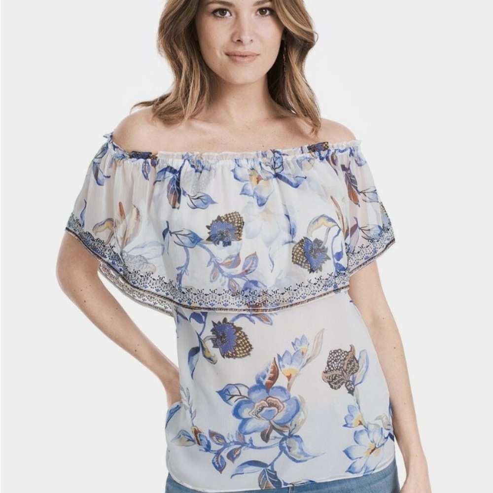 White House Black Market Floral Off-Shoulder Top - Blue and White